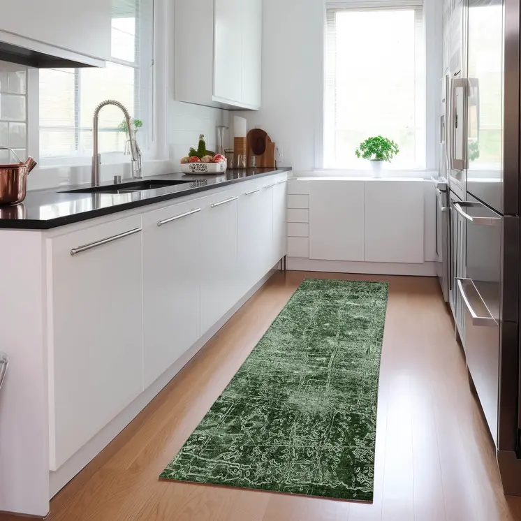 8' Runner Emerald Abstract Washable Non Skid Indoor Outdoor Runner Rug