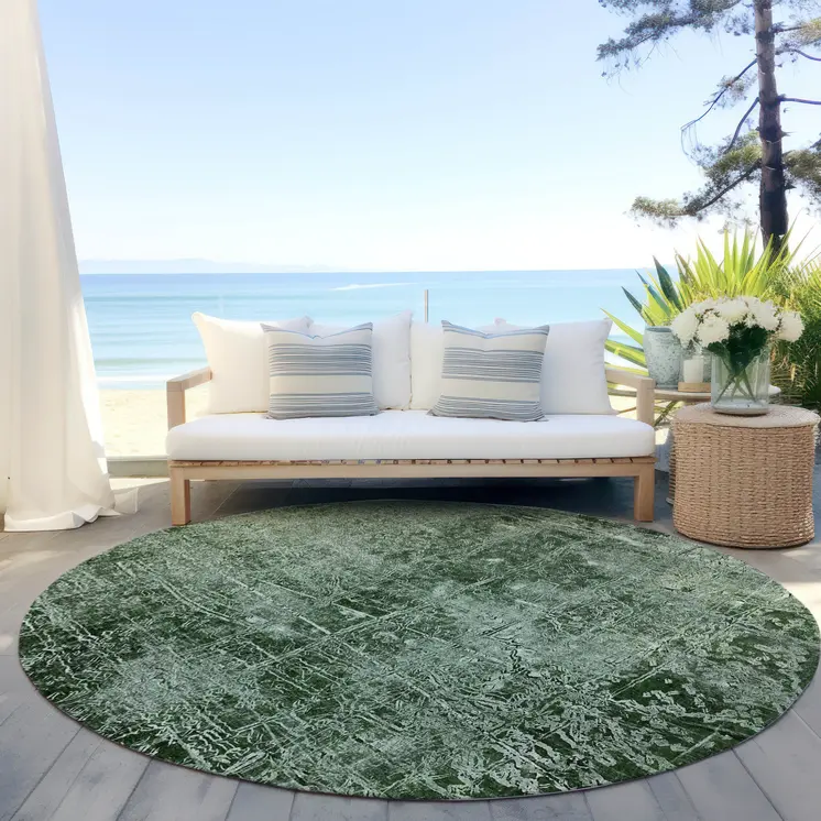 8' Round Emerald Round Abstract Washable Non Skid Indoor Outdoor Area Rug