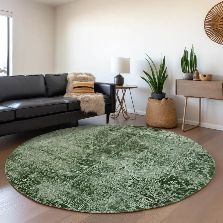8' Round Emerald Round Abstract Washable Non Skid Indoor Outdoor Area Rug