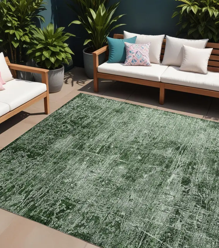 9' X 12' Emerald Abstract Washable Non Skid Indoor Outdoor Area Rug