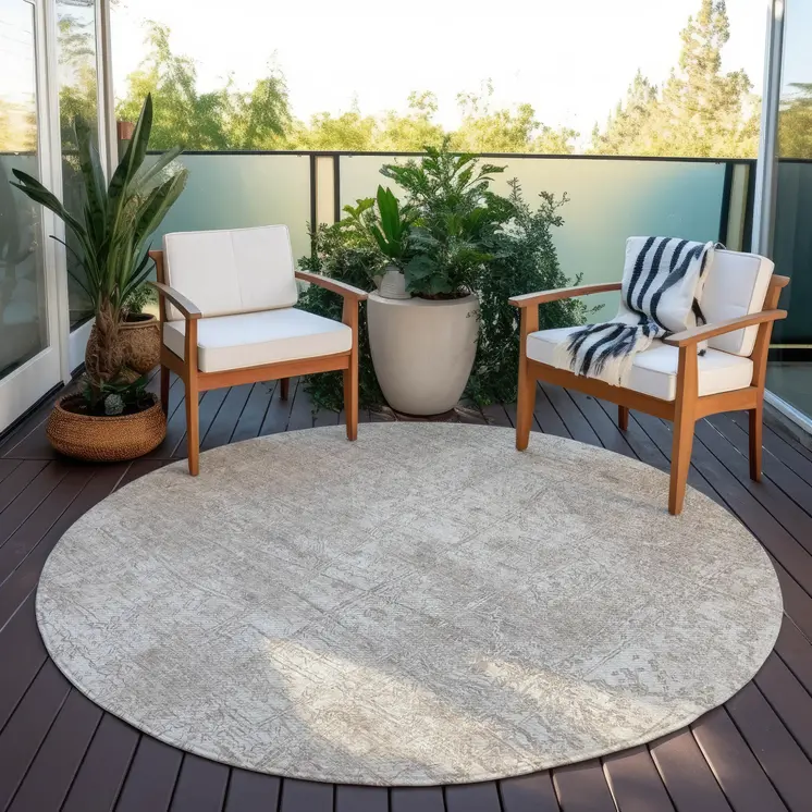8' Round Ivory Round Abstract Washable Non Skid Indoor Outdoor Area Rug