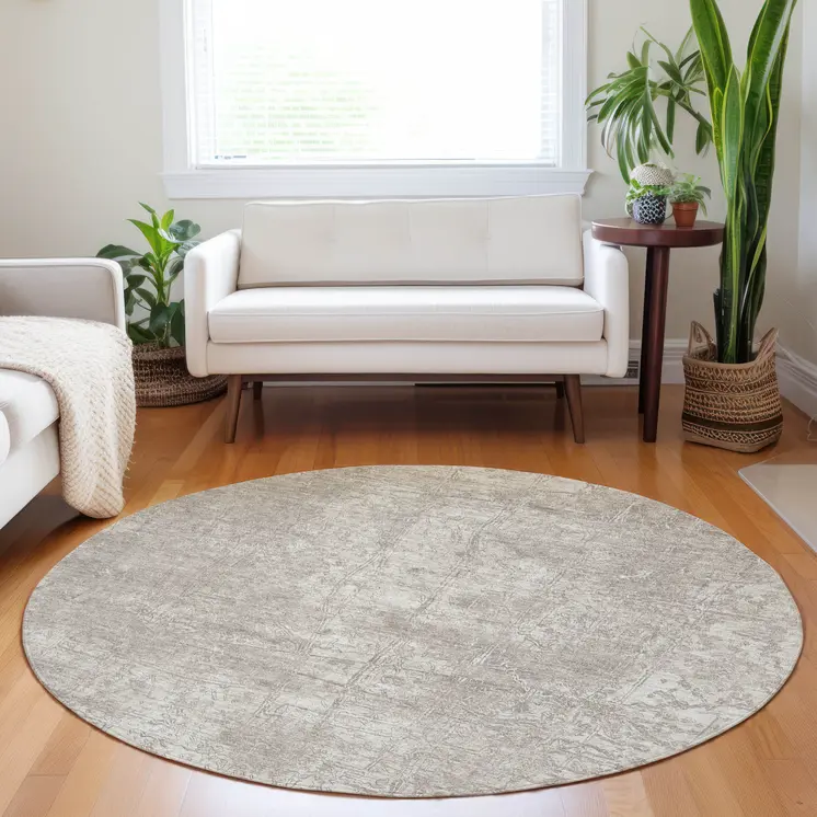 8' Round Ivory Round Abstract Washable Non Skid Indoor Outdoor Area Rug