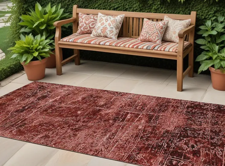 8' Runner Merlot Abstract Washable Non Skid Indoor Outdoor Runner Rug