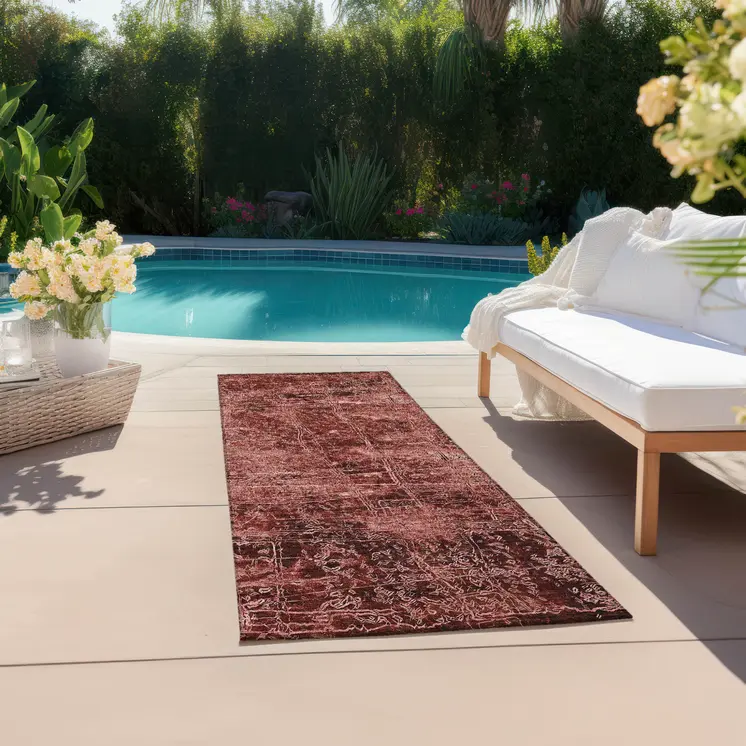 8' Runner Merlot Abstract Washable Non Skid Indoor Outdoor Runner Rug