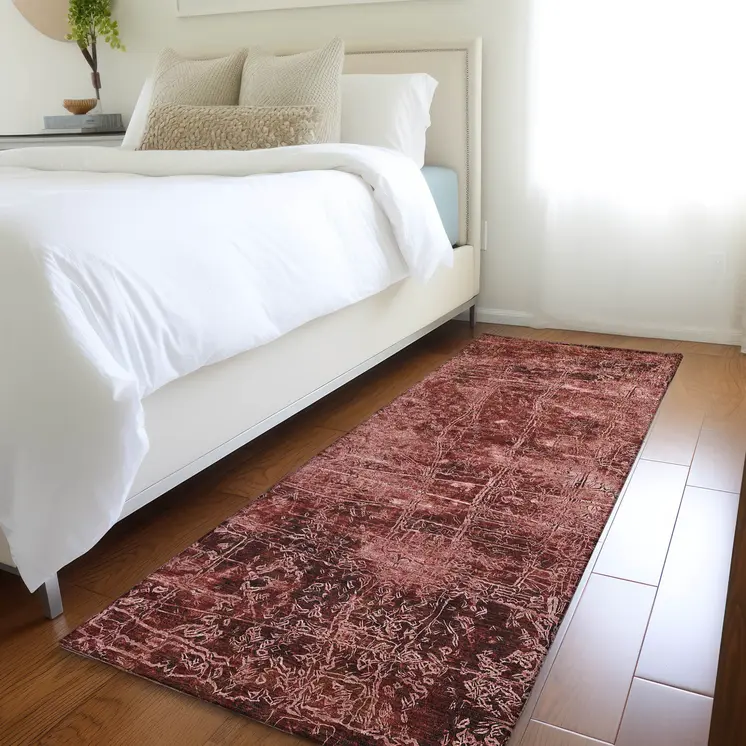 8' Runner Merlot Abstract Washable Non Skid Indoor Outdoor Runner Rug