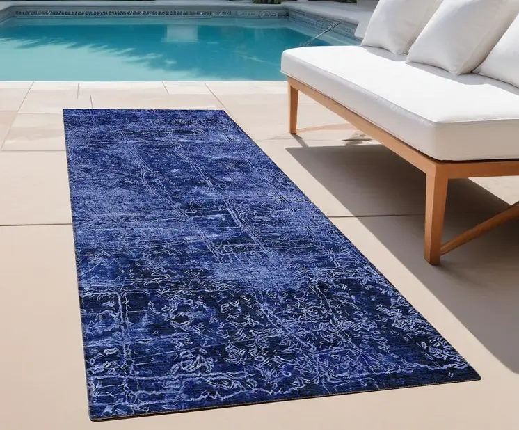 8' Runner Navy Blue Abstract Washable Non Skid Indoor Outdoor Runner Rug