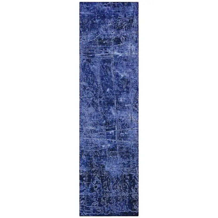 8' Runner Navy Blue Abstract Washable Non Skid Indoor Outdoor Runner Rug
