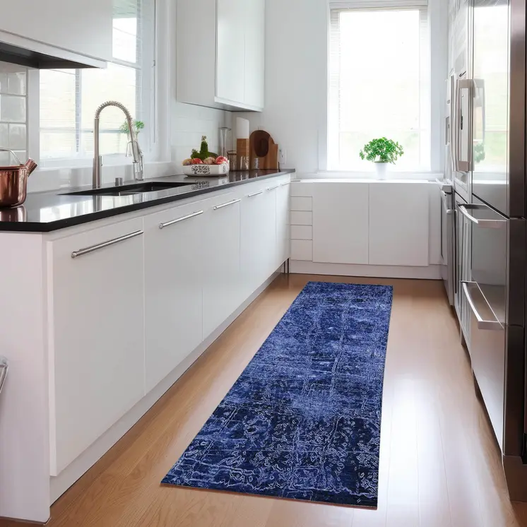 8' Runner Navy Blue Abstract Washable Non Skid Indoor Outdoor Runner Rug