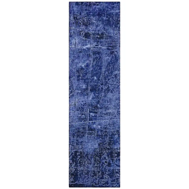 8' Runner Navy Blue Abstract Washable Non Skid Indoor Outdoor Runner Rug