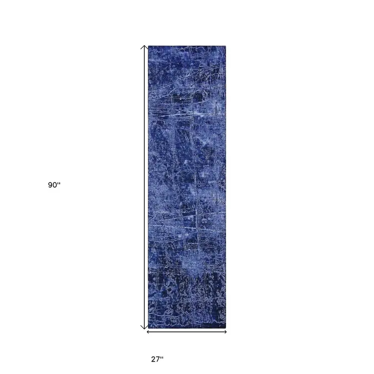 8' Runner Navy Blue Abstract Washable Non Skid Indoor Outdoor Runner Rug