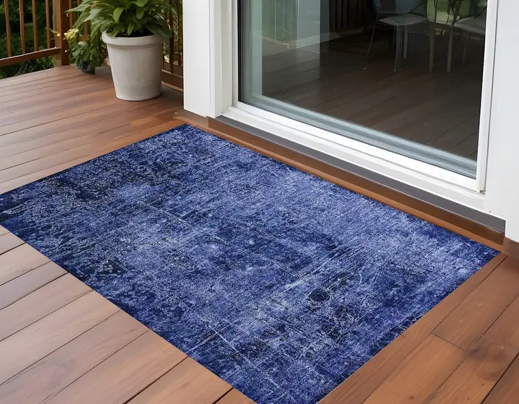 3' X 5' Navy Blue Abstract Washable Non Skid Indoor Outdoor Area Rug