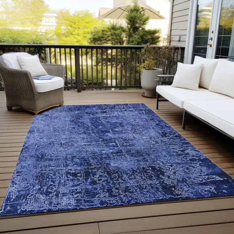 3' X 5' Navy Blue Abstract Washable Non Skid Indoor Outdoor Area Rug
