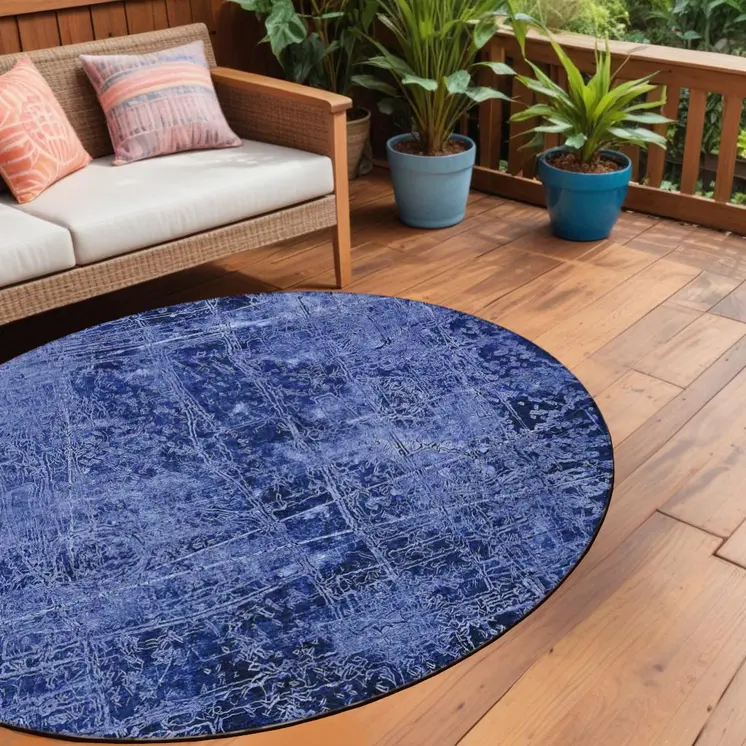 8' Round Navy Blue Round Abstract Washable Non Skid Indoor Outdoor Area Rug