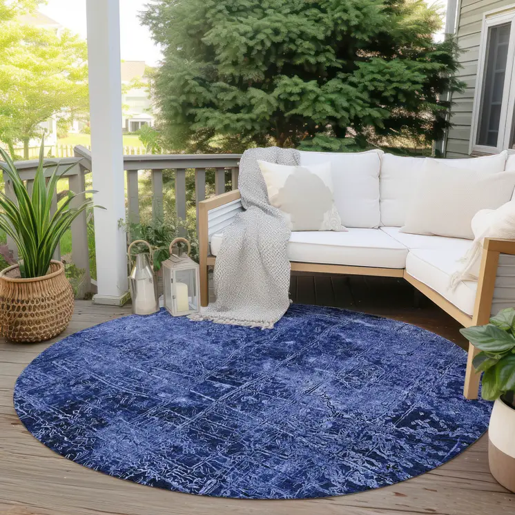 8' Round Navy Blue Round Abstract Washable Non Skid Indoor Outdoor Area Rug