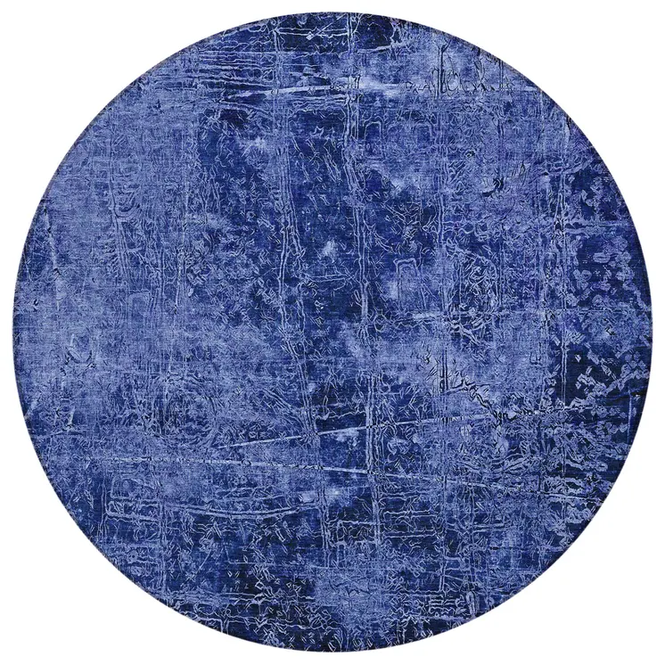 8' Round Navy Blue Round Abstract Washable Non Skid Indoor Outdoor Area Rug