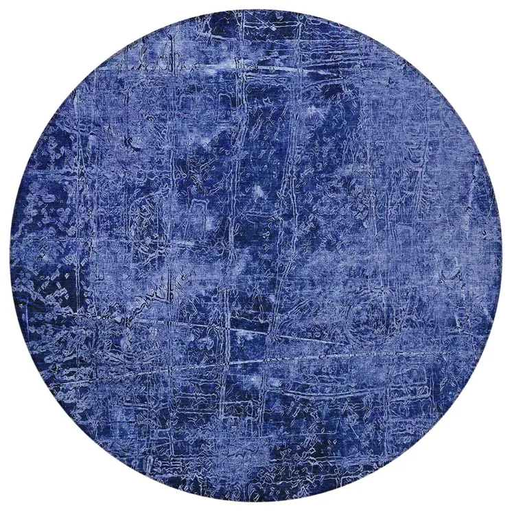 8' Round Navy Blue Round Abstract Washable Non Skid Indoor Outdoor Area Rug