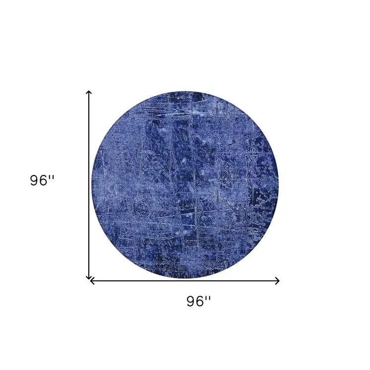 8' Round Navy Blue Round Abstract Washable Non Skid Indoor Outdoor Area Rug