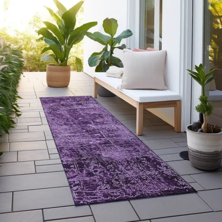 8' Runner Purple Abstract Washable Non Skid Indoor Outdoor Runner Rug
