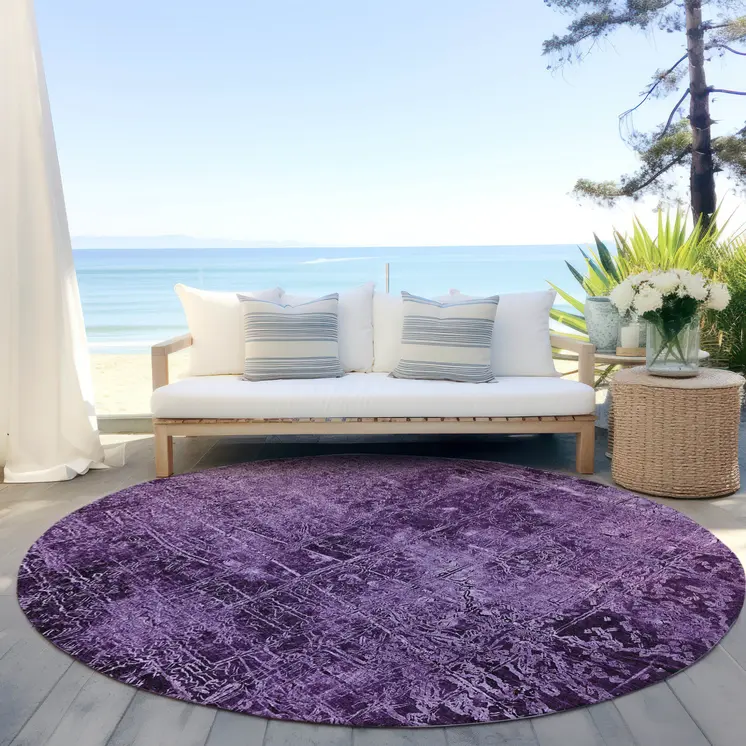 8' Round Purple Round Abstract Washable Non Skid Indoor Outdoor Area Rug