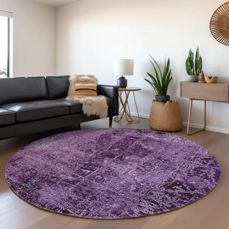 8' Round Purple Round Abstract Washable Non Skid Indoor Outdoor Area Rug