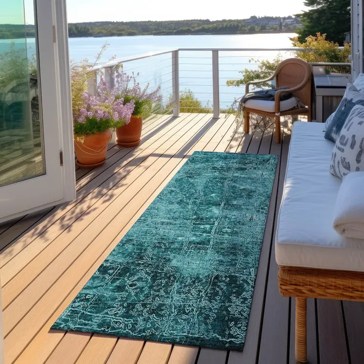 8' Runner Teal Abstract Washable Non Skid Indoor Outdoor Runner Rug