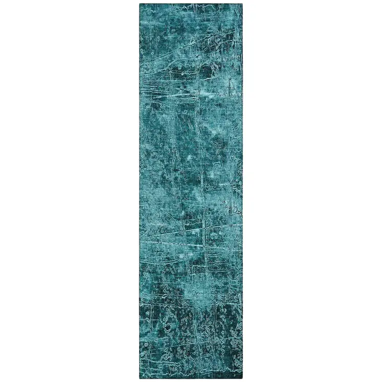 8' Runner Teal Abstract Washable Non Skid Indoor Outdoor Runner Rug