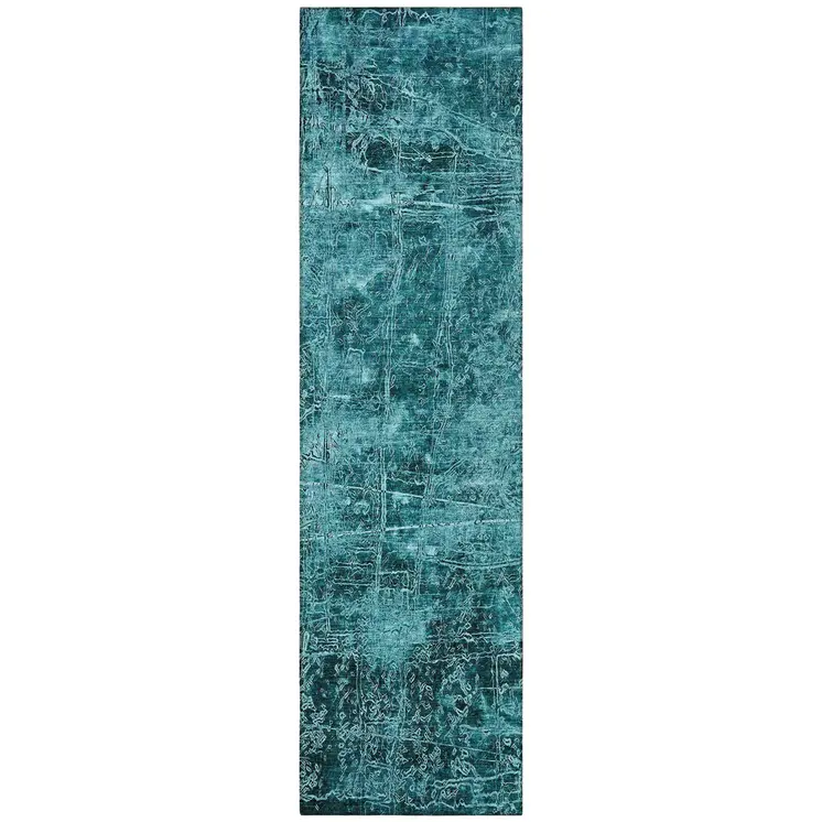 8' Runner Teal Abstract Washable Non Skid Indoor Outdoor Runner Rug