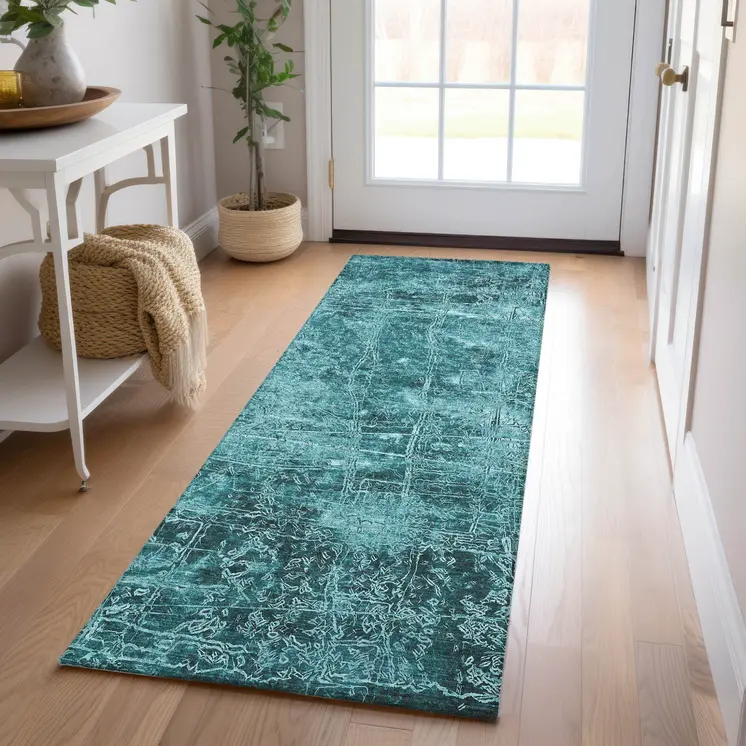 8' Runner Teal Abstract Washable Non Skid Indoor Outdoor Runner Rug