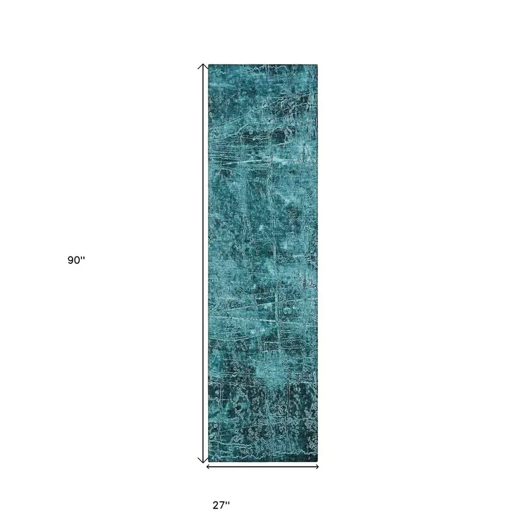 8' Runner Teal Abstract Washable Non Skid Indoor Outdoor Runner Rug