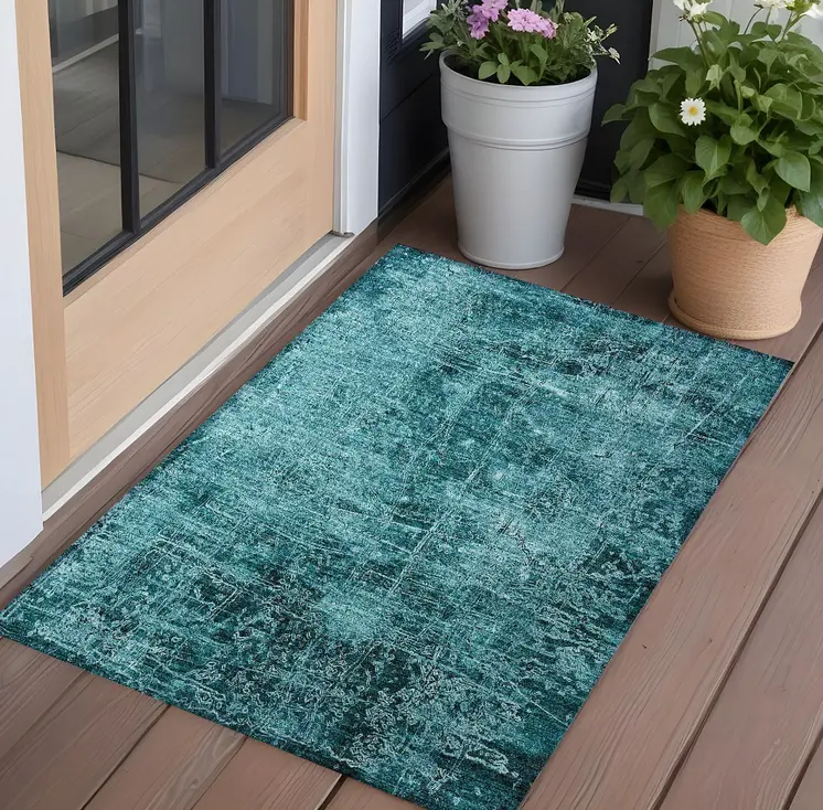 3' X 5' Teal Abstract Washable Non Skid Indoor Outdoor Area Rug
