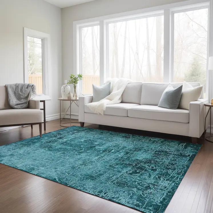 3' X 5' Teal Abstract Washable Non Skid Indoor Outdoor Area Rug