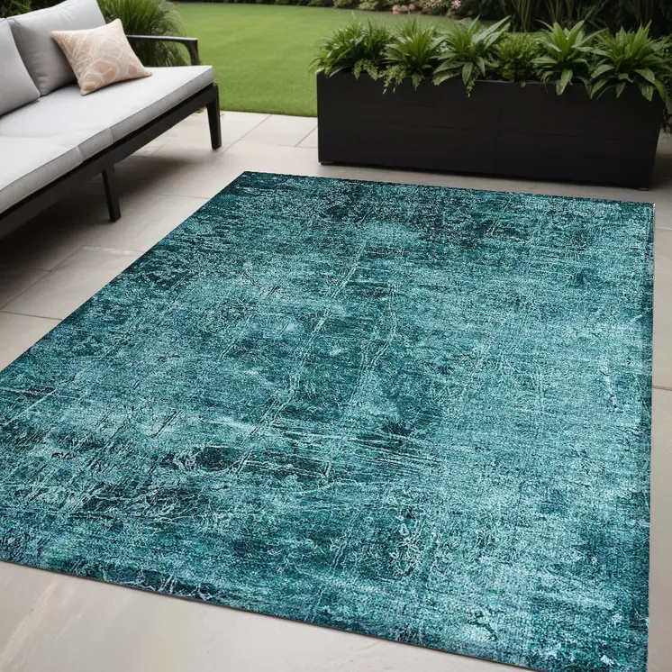 5' X 8' Teal Abstract Washable Non Skid Indoor Outdoor Area Rug