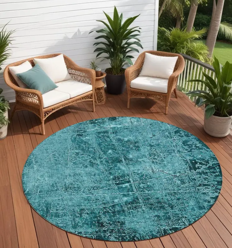 8' Round Teal Round Abstract Washable Non Skid Indoor Outdoor Area Rug