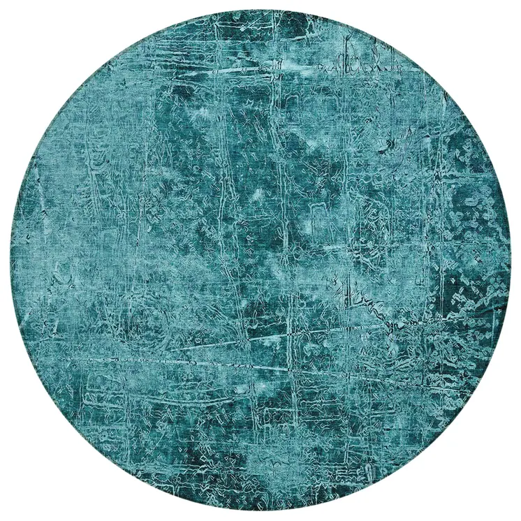 8' Round Teal Round Abstract Washable Non Skid Indoor Outdoor Area Rug