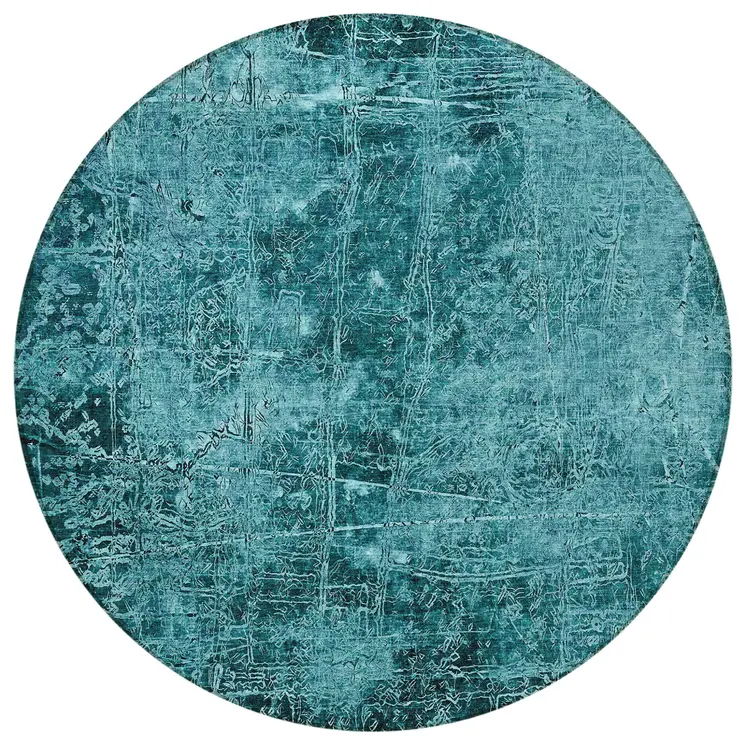 8' Round Teal Round Abstract Washable Non Skid Indoor Outdoor Area Rug