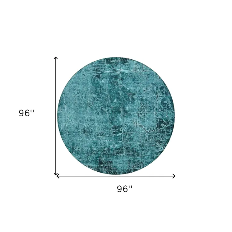 8' Round Teal Round Abstract Washable Non Skid Indoor Outdoor Area Rug