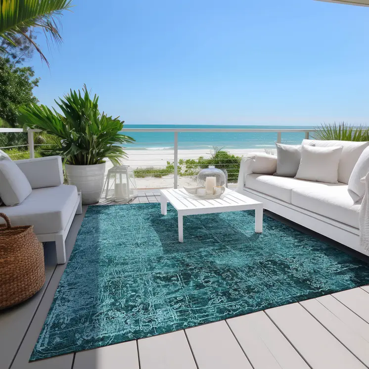 10' X 14' Teal Abstract Washable Non Skid Indoor Outdoor Area Rug