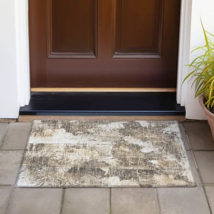 2' X 3' Taupe and Ivory Floral Washable Non Skid Indoor Outdoor Area Rug