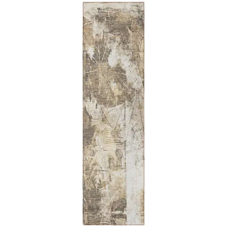 8' Runner Taupe and Ivory Floral Washable Non Skid Indoor Outdoor Runner Rug