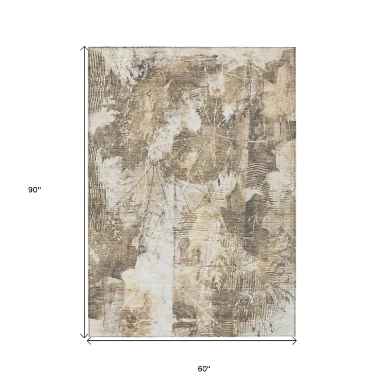 5' X 8' Taupe and Ivory Floral Washable Non Skid Indoor Outdoor Area Rug