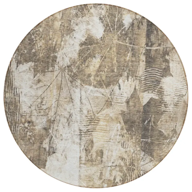 8' Round Taupe and Ivory Round Floral Washable Non Skid Indoor Outdoor Area Rug