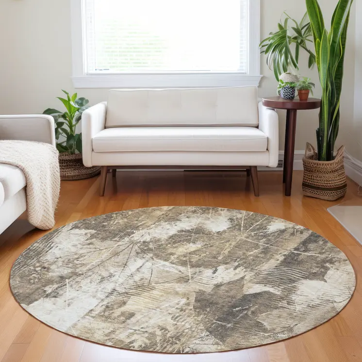 8' Round Taupe and Ivory Round Floral Washable Non Skid Indoor Outdoor Area Rug