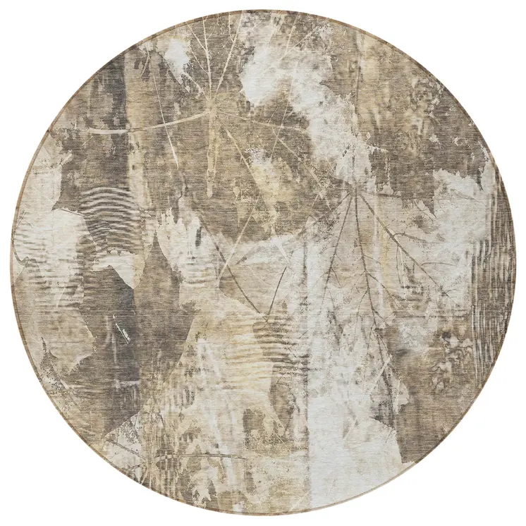 8' Round Taupe and Ivory Round Floral Washable Non Skid Indoor Outdoor Area Rug