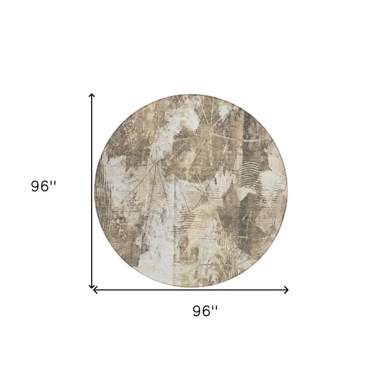 8' Round Taupe and Ivory Round Floral Washable Non Skid Indoor Outdoor Area Rug