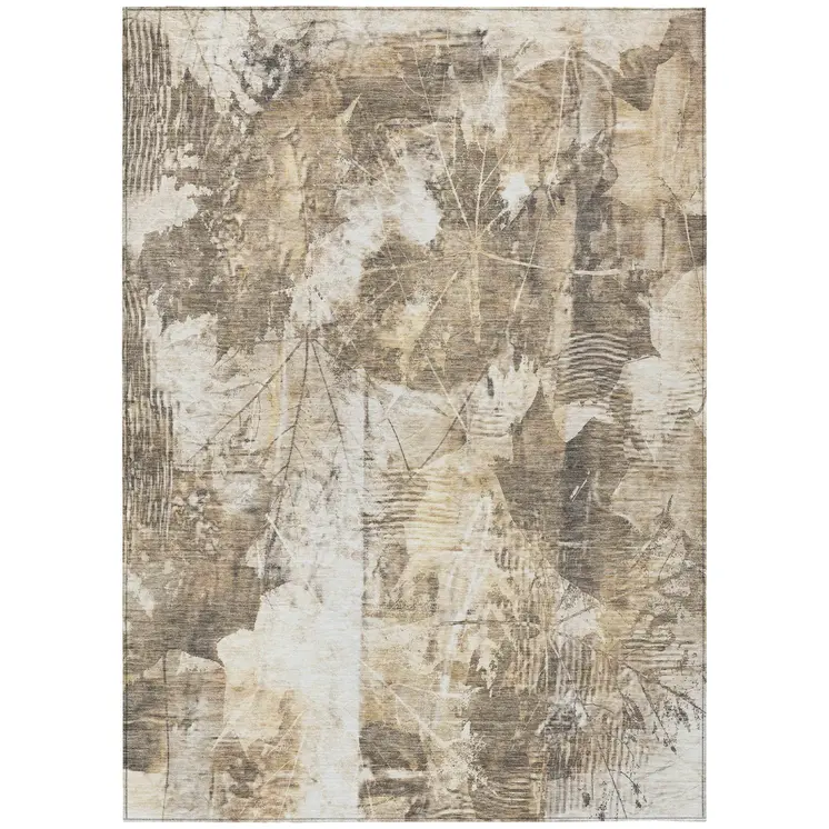8' X 10' Taupe and Ivory Floral Washable Non Skid Indoor Outdoor Area Rug