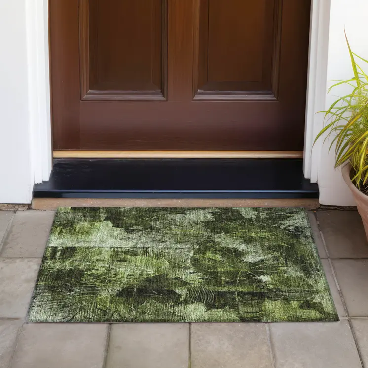 2' X 3' Green Floral Washable Non Skid Indoor Outdoor Area Rug