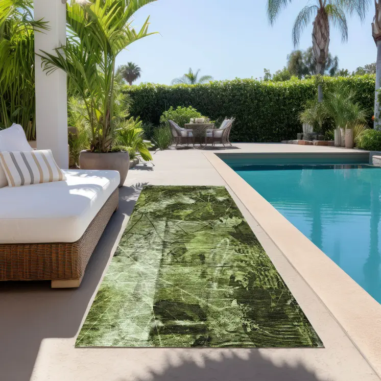 8' Runner Green Floral Washable Non Skid Indoor Outdoor Runner Rug