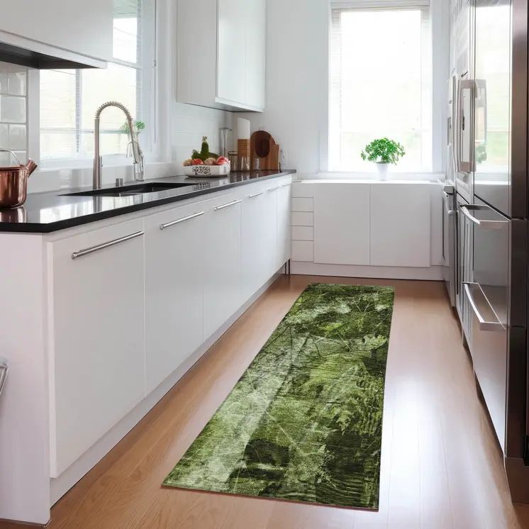 8' Runner Green Floral Washable Non Skid Indoor Outdoor Runner Rug