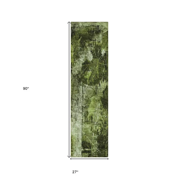 8' Runner Green Floral Washable Non Skid Indoor Outdoor Runner Rug