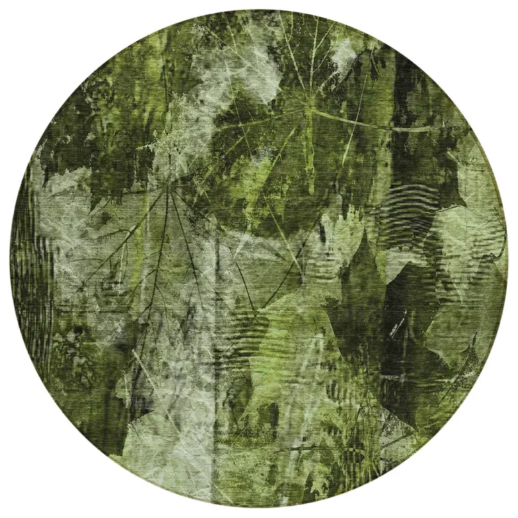 8' Round Green Round Floral Washable Non Skid Indoor Outdoor Area Rug